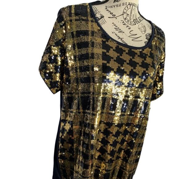 Michael Kors Women's Size Medium Blouse Black & Gold Sequins Holiday Christmas - Picture 3 of 12